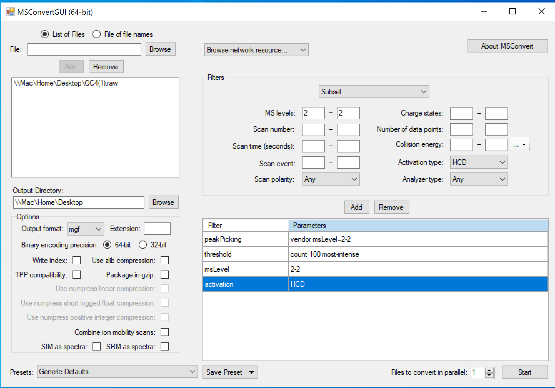 MSConvert parameters for extracting MS2 level file